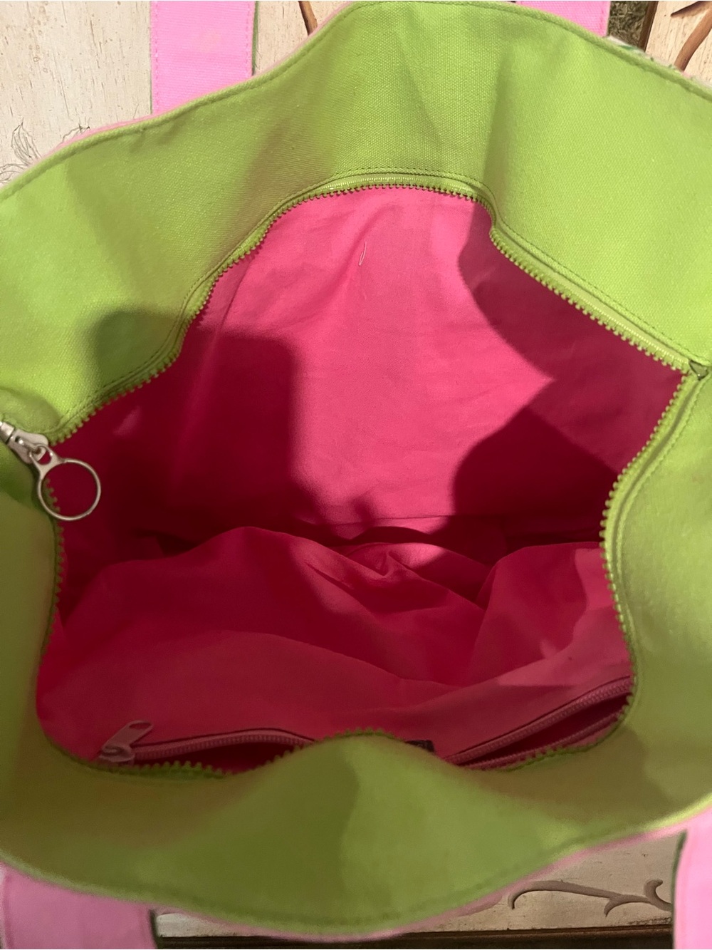 Pink & Green Palm Print Canvas Tote Bag or beach bag! With embellished beading! - Picture 3 of 4
